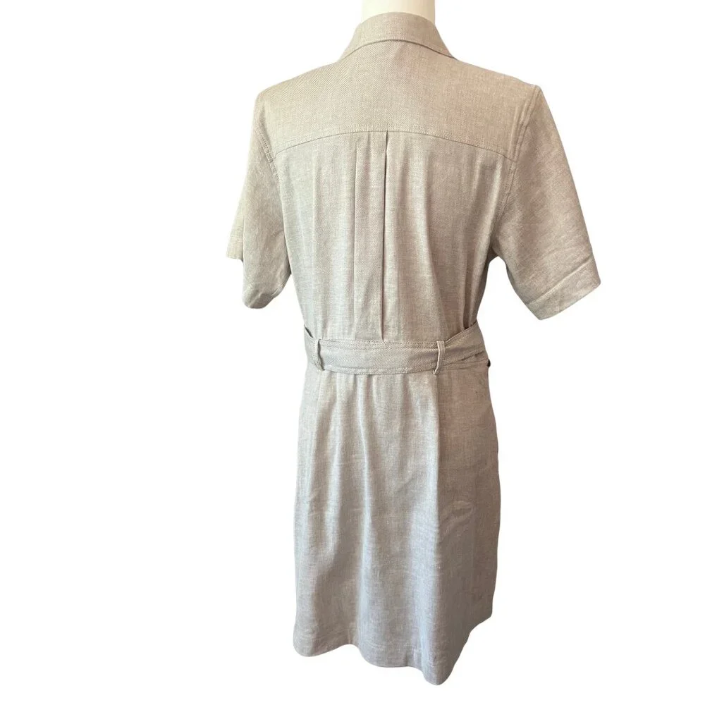Banana Republic Linen Blend Belted Shirt Dress Khaki Beige Button Front Size 12 - Picture 4 of 7